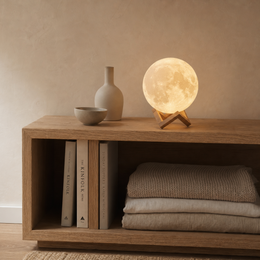 Sphere moon lamp on top of a table top. 