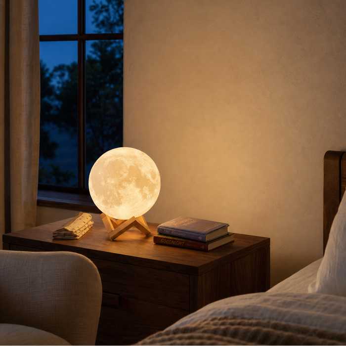 Sphere moon lamp on a night stand next to a window