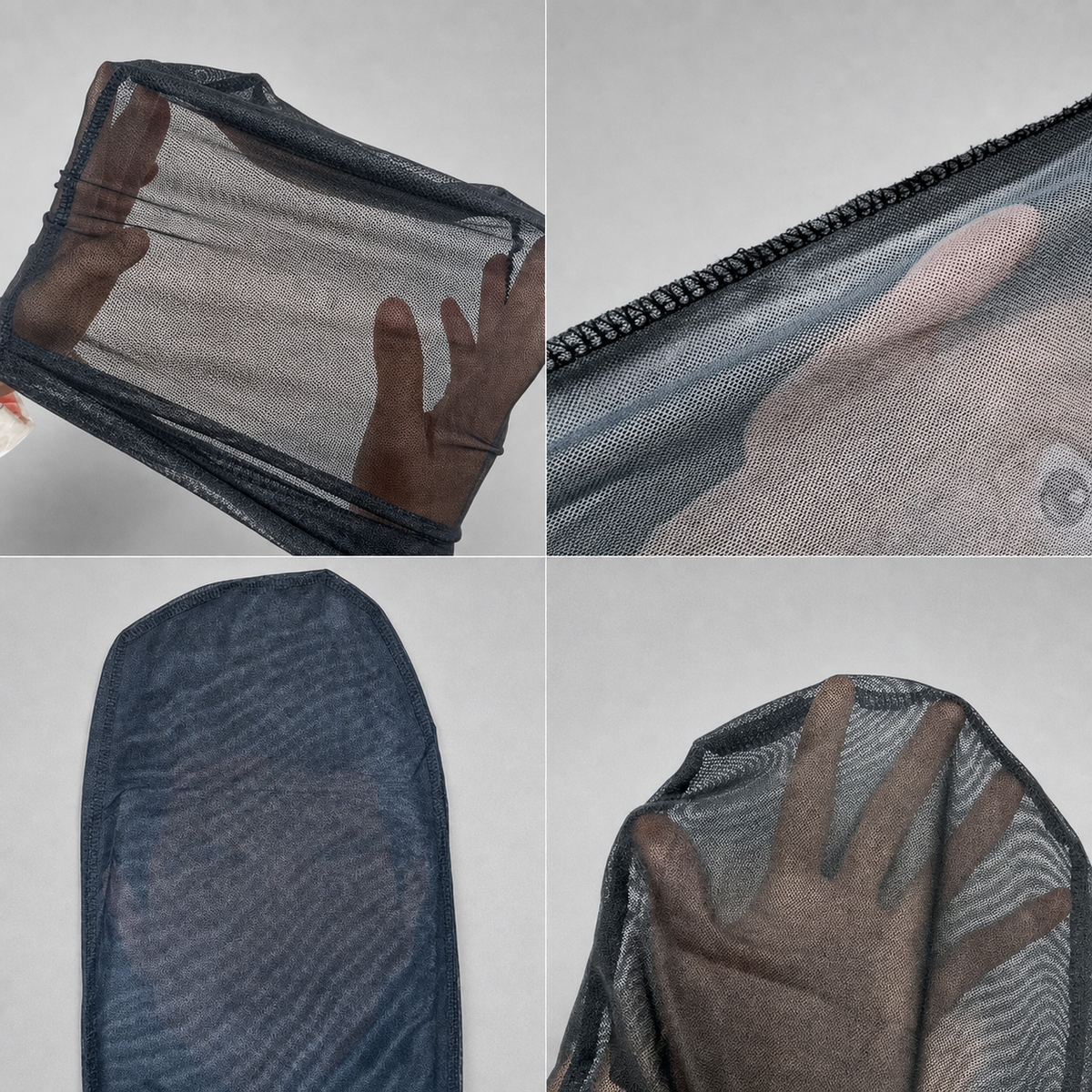 A four-panel collage showing a sheer black mesh or tulle fabric being handled and stretched by a person's hands. The fabric appears semi-transparent and dark, with one panel showing a close-up of a zipper edge along the fabric.