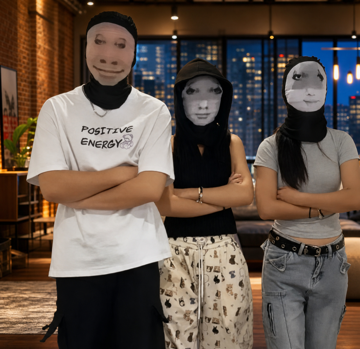 Three people standing indoors with arms crossed, wearing black face-covering masks and casual clothing. The person on the left wears a white T-shirt with the text 'POSITIVE ENERGY' and black pants.