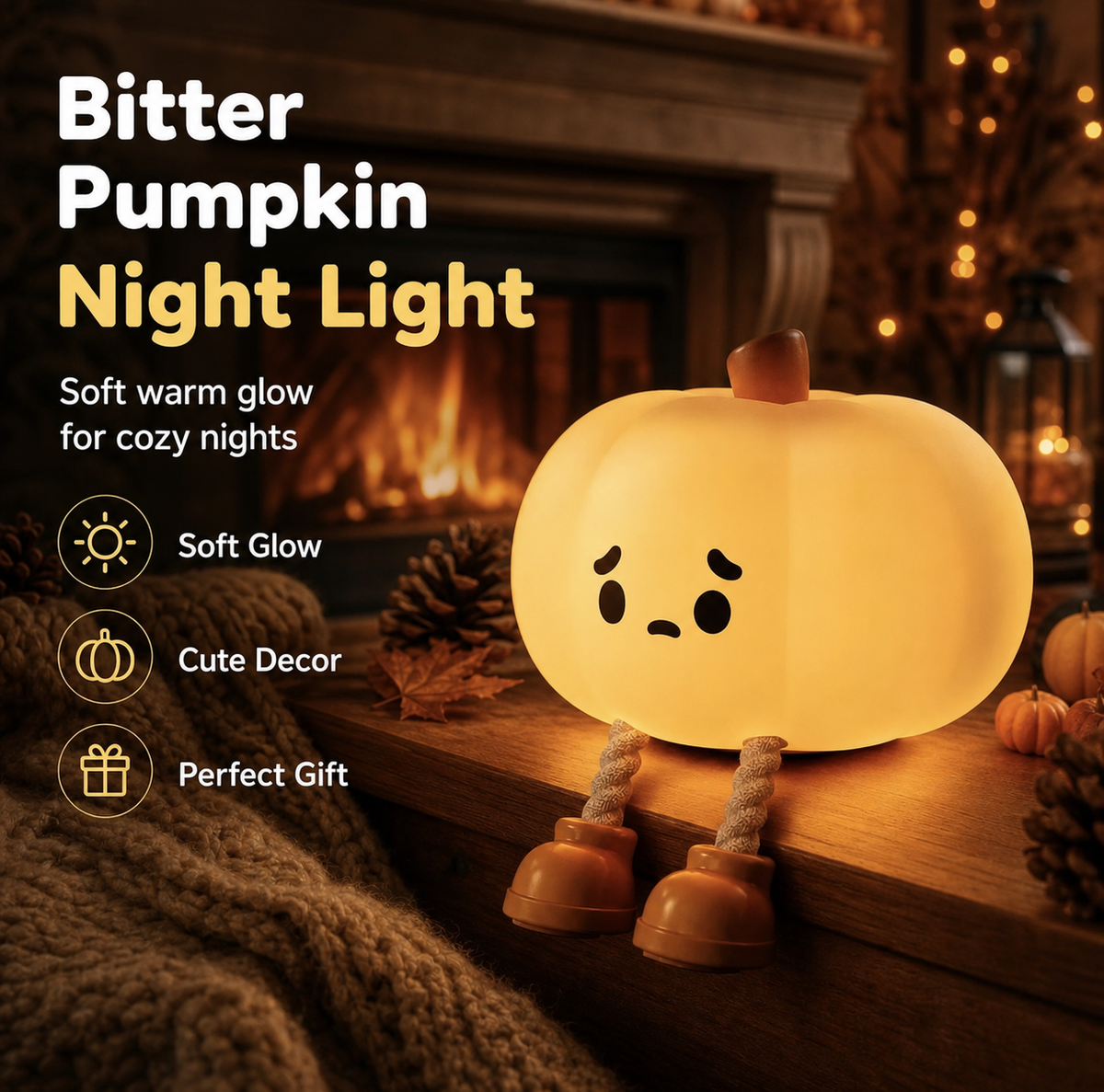 A glowing 'Bitter Pumpkin' night light shaped like a sad pumpkin with rope legs, placed on a wooden mantel in a cozy fireplace setting. The image includes promotional text highlighting its soft warm glow, cute fall decor appeal, and suitability as a gift.