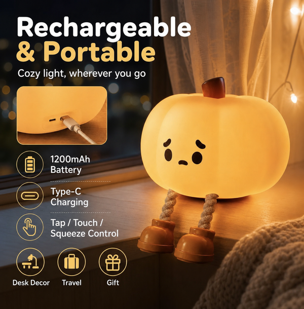A cute pumpkin-shaped rechargeable portable lamp with a sad face, rope legs, and brown boot feet, glowing warmly on a windowsill. The image includes marketing text highlighting rechargeable and portable features, along with a small inset showing the charging port.