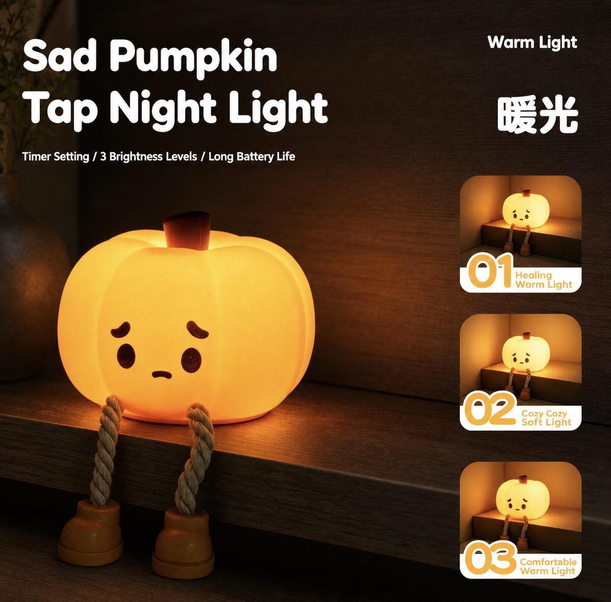 A glowing pumpkin-shaped night light with a sad face sits on a wooden shelf in a dim room. The product is labeled 'Sad Pumpkin Tap Night Light' with text describing warm light settings and three small inset photos showing different brightness levels.