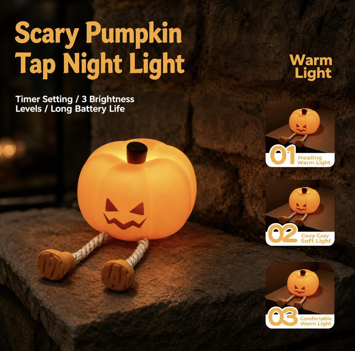 A glowing jack-o'-lantern night light with rope legs and wooden feet sits on a stone surface in a dim interior setting. Large text reads 'Scary Pumpkin Tap Night Light,' with feature callouts on the right showing warm light levels and small inset images of the lamp at different brightness.