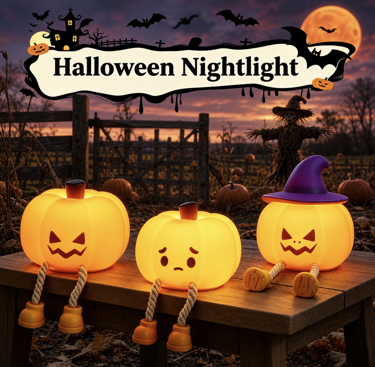Three glowing Halloween nightlight pumpkins with rope legs sit on a wooden table in a spooky outdoor yard at night. One pumpkin wears a purple witch hat.
