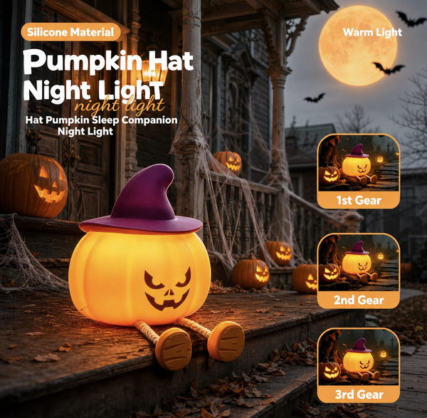 A glowing pumpkin-shaped night light wearing a purple witch hat sits on a Halloween porch with jack-o'-lanterns, cobwebs, and a large full moon in the background. Text on the image reads 'Pumpkin Hat Night Light' and shows three illumination levels labeled 1st Gear, 2nd Gear, and 3rd Gear.