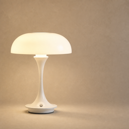 A modern mushroom-shaped table lamp with a glowing frosted white dome shade and a sculptural curved stem base, set against a warm beige studio background.