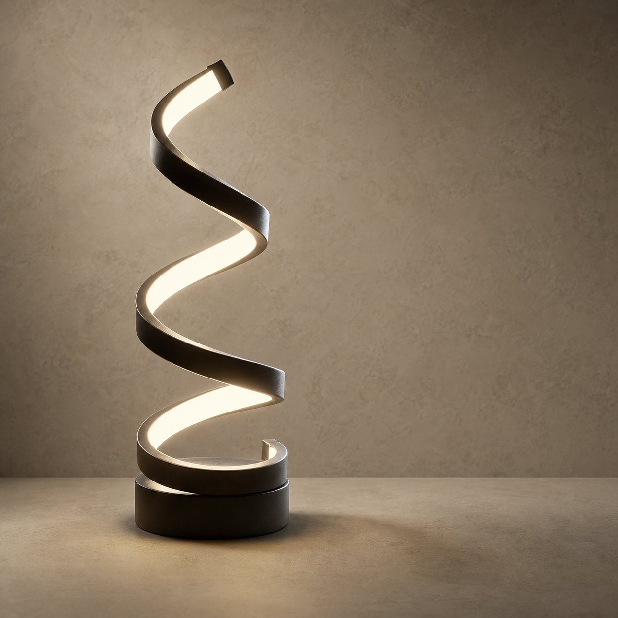 A modern spiral table lamp with a dark metallic finish and glowing warm white light, standing on a round base against a textured beige wall.