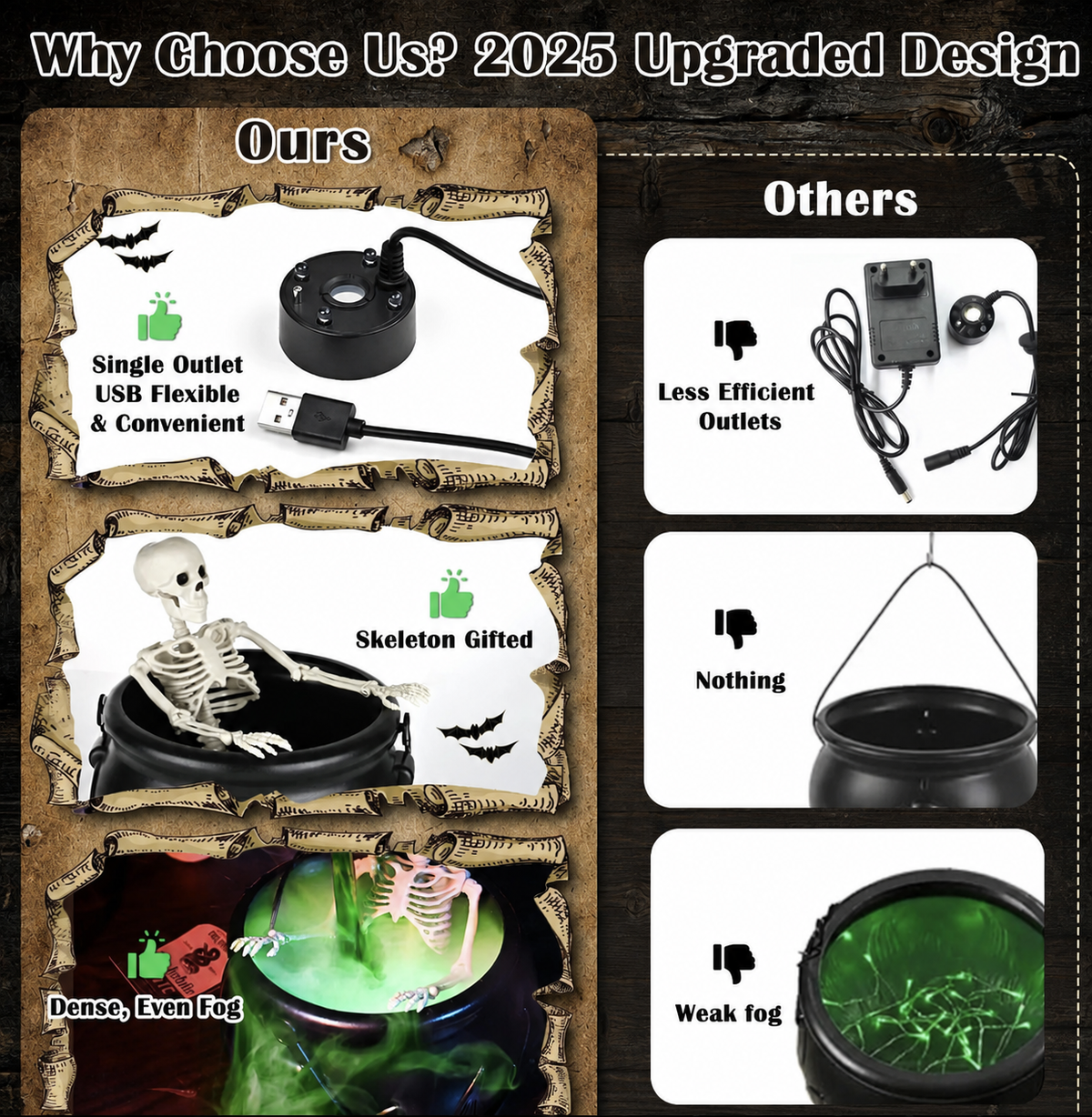 A promotional comparison graphic for a Halloween cauldron product. The left side shows three styled panels labeled 'Ours' with a black cauldron, USB cable, skeleton gift, and green fog effect.