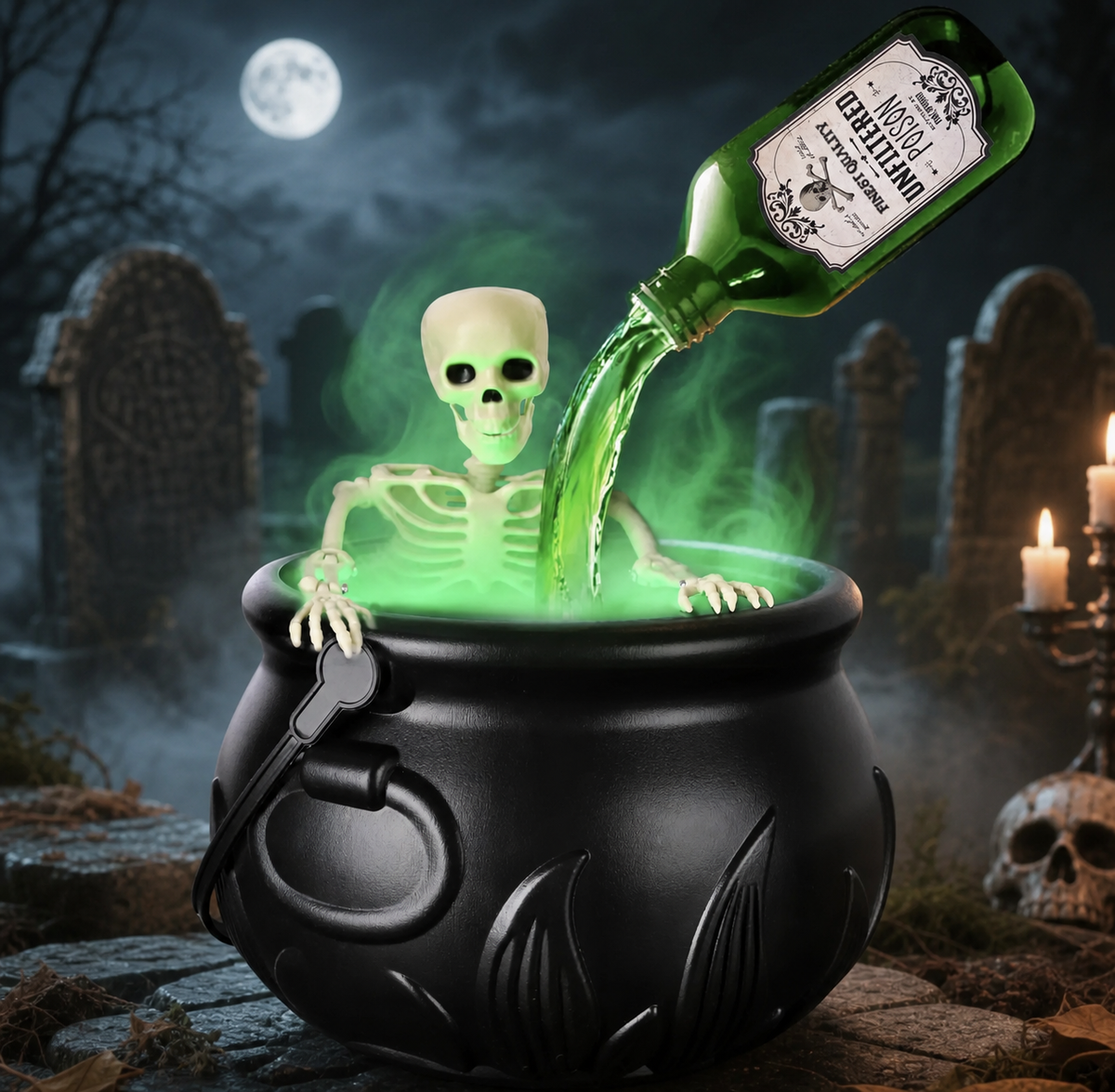 A black witch cauldron with a skeleton figure rising from glowing green mist, while a green bottle labeled 'Unfiltered Poison' appears to pour into it from mid-air. The scene is set in a spooky graveyard at night under a full moon.