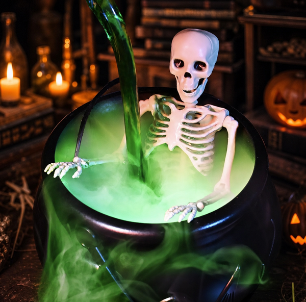 A Halloween decoration set featuring a white plastic skeleton sitting inside a glowing green cauldron with green liquid being poured into it, set against a dark, spooky background with candles and pumpkins.