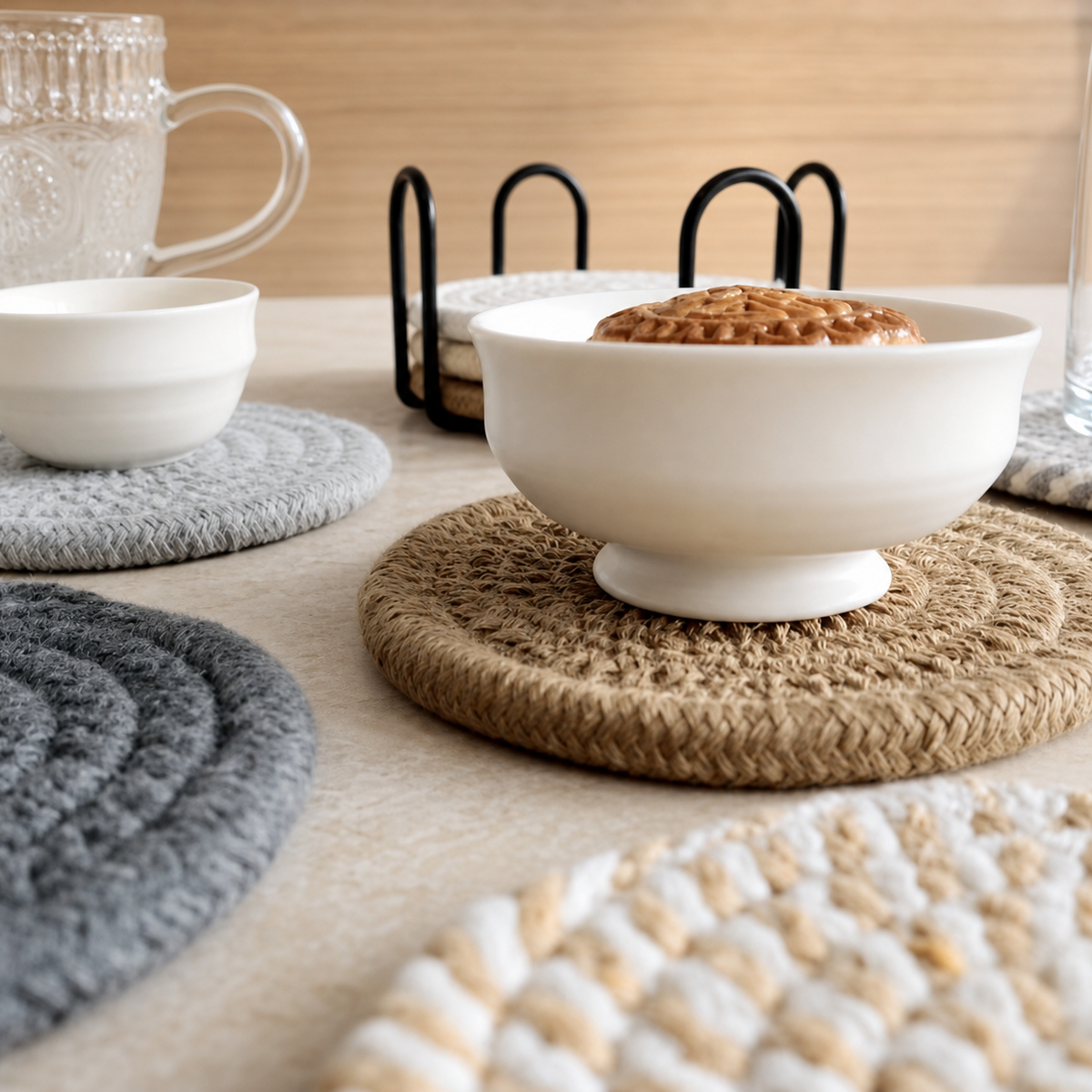 A white ceramic bowl on a round braided beige placemat, with matching woven mats and a small white cup nearby.