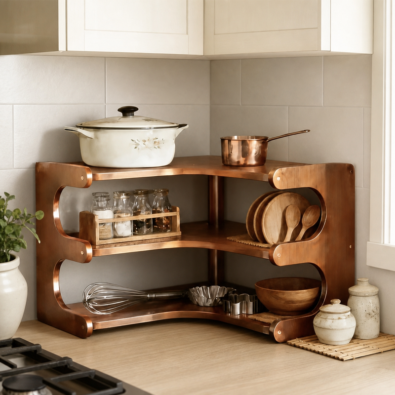 A copper corner kitchen organizer shelf with three tiers, styled in a kitchen corner with cookware, spices, wooden utensils, and ceramic jars.