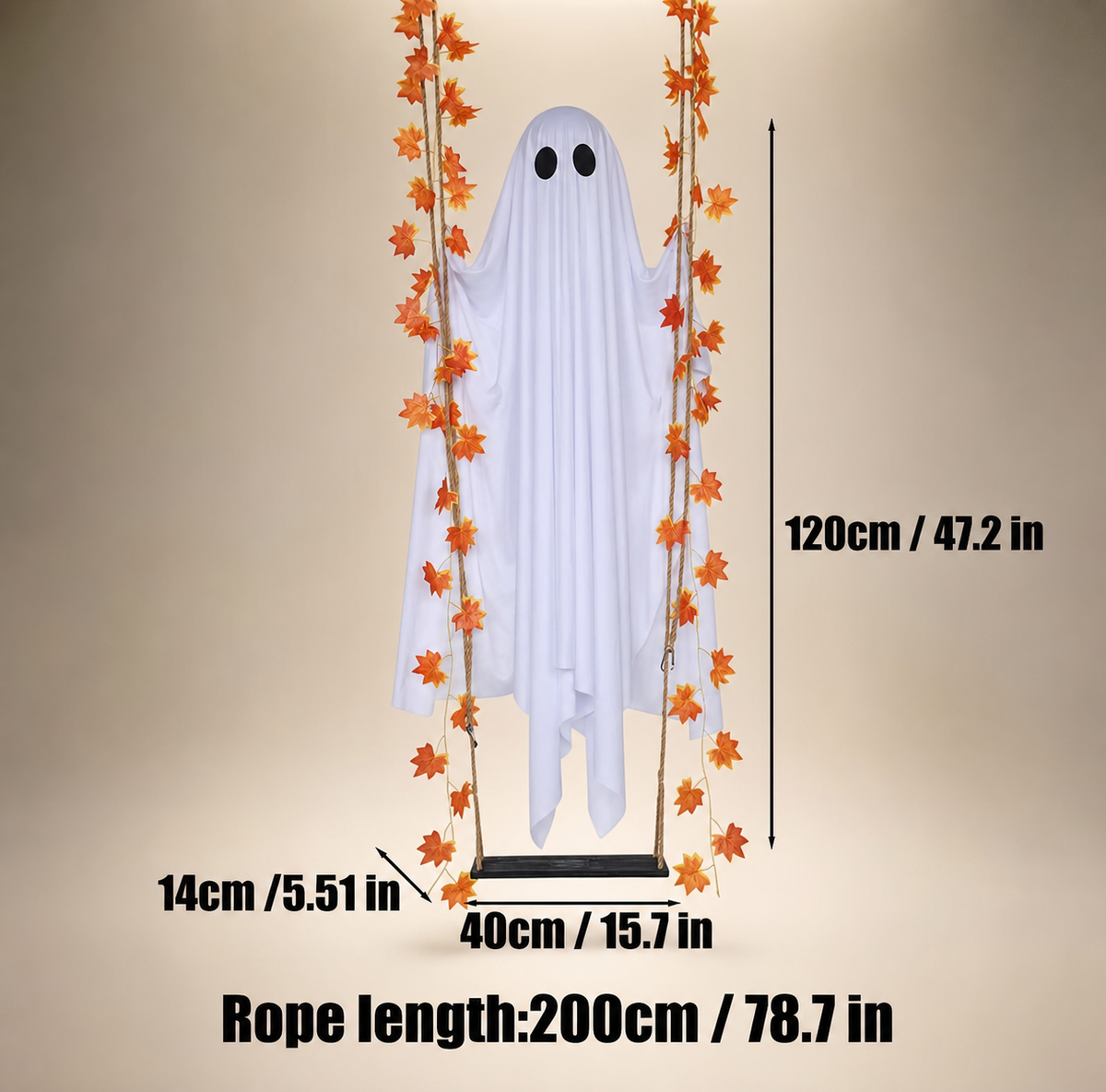 White ghost Halloween decoration hanging from a rope swing with orange autumn leaves, shown with measurement labels and text on a beige gradient background.