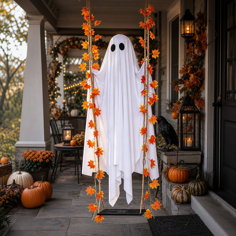 A white ghost Halloween decoration with black oval eyes hanging unlit from a rope swing on a covered porch in daylight, maple-leaf garland wrapped around the swing ropes; pumpkins, lanterns, fall garlands and a raven figure decorate the porch.