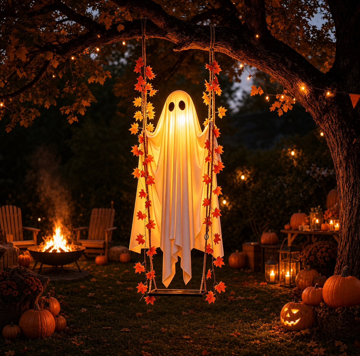 A Halloween ghost swing decoration hanging from a tree outdoors at night, surrounded by string lights, autumn leaves, pumpkins, chairs, and a fire pit.