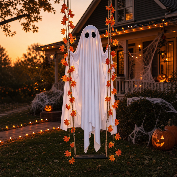 A Halloween yard decoration featuring a white ghost swing with orange autumn leaves, set in a decorated front yard at dusk.