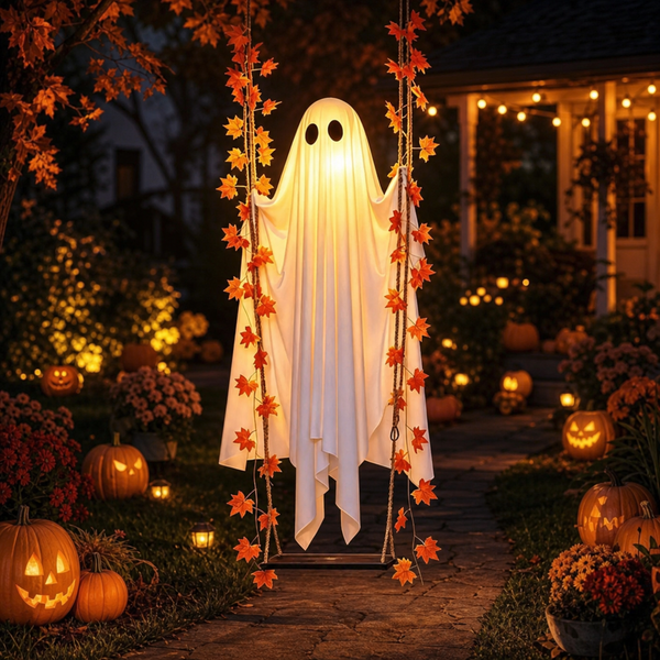 A Halloween yard decoration featuring a glowing white ghost figure hanging from a swing, surrounded by orange autumn leaves, with carved pumpkins and warm string lights in the background.