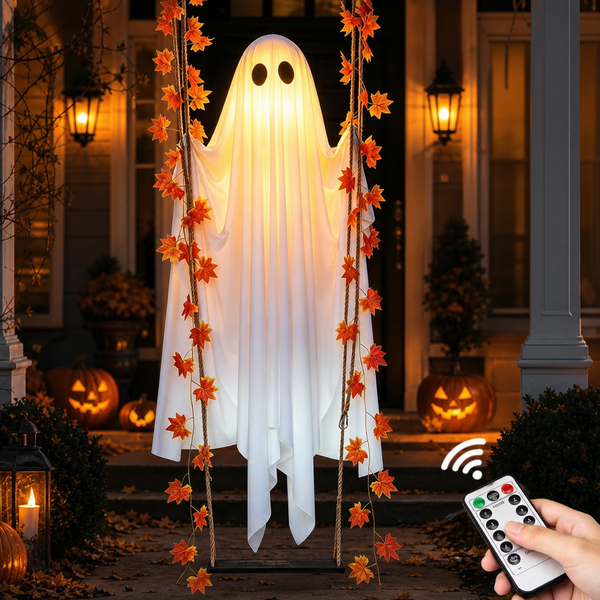 A glowing white ghost Halloween decoration hanging from a rope swing on a front porch at night, maple-leaf garland wrapped around the swing ropes, jack-o-lanterns by the door; a hand in the lower corner holds the light remote, with a wireless signal graphic above it.
