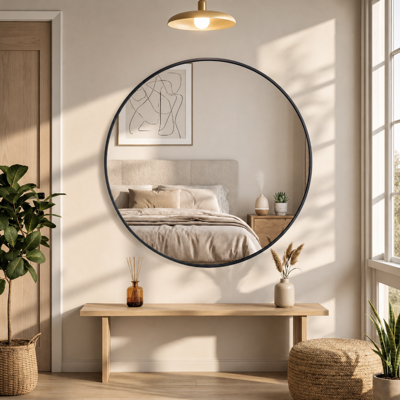 A large round wall mirror with a thin black frame hangs on a beige wall above a light wood bench in a styled bedroom interior. The reflection shows a bed, and the room includes a hanging lamp, window light, plants, and a woven pouf.