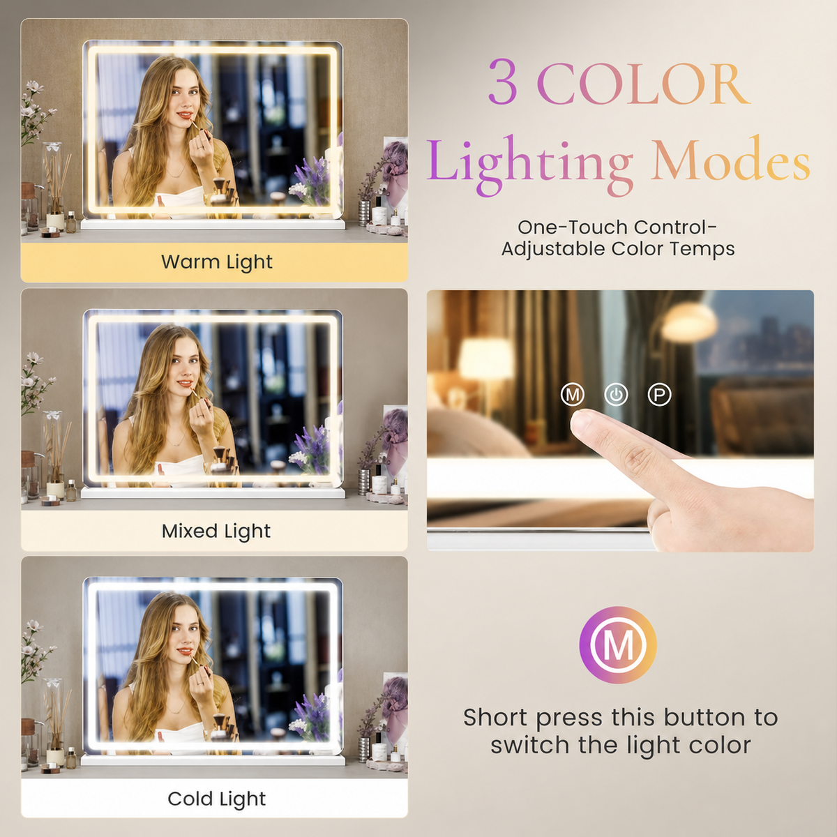 LED Vanity Mirror — Dimmable, 3 Light Modes
