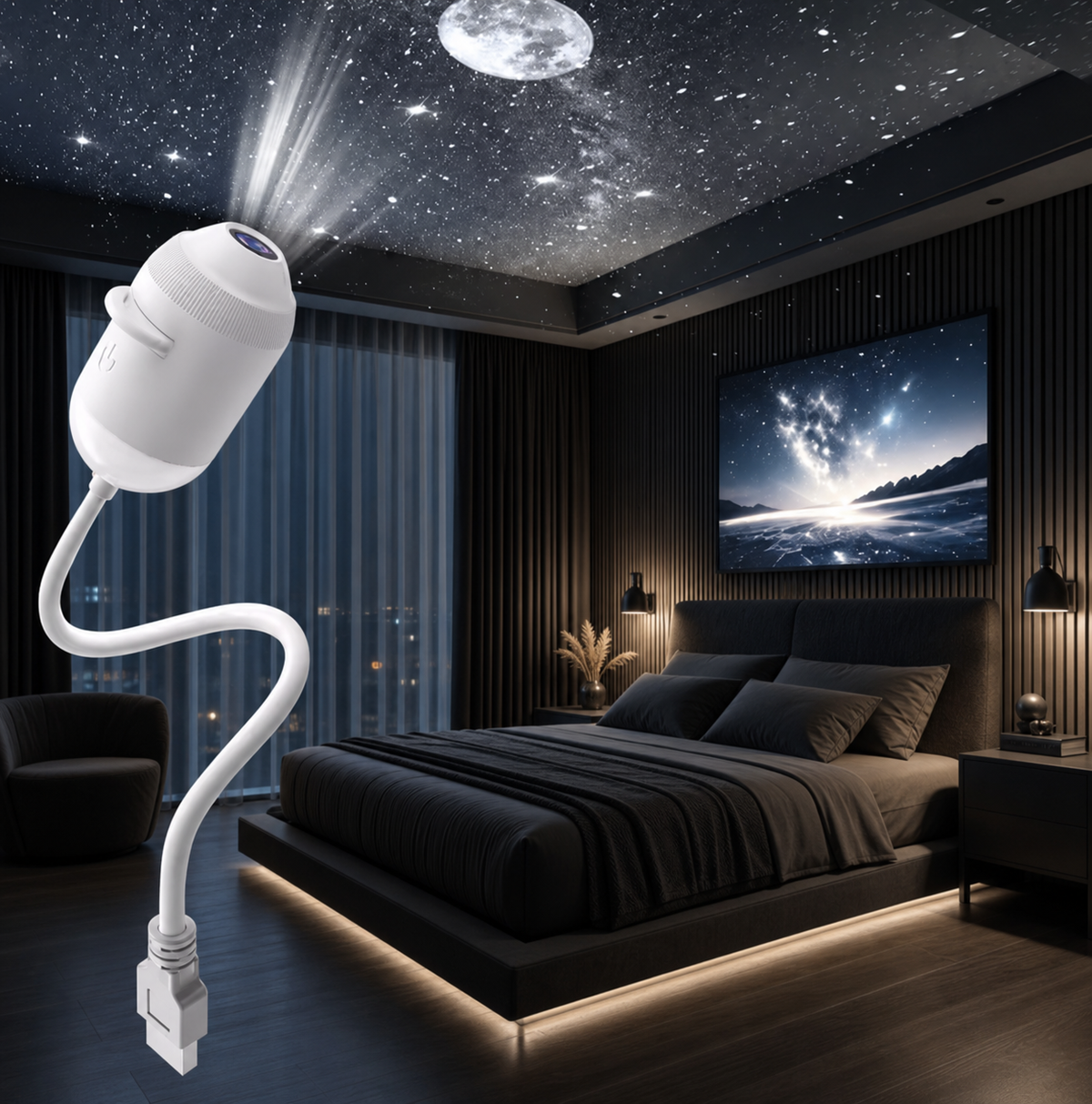 A white portable projector lamp with a flexible cord shown in a dark modern bedroom, casting starry light and a moon phase onto the ceiling.