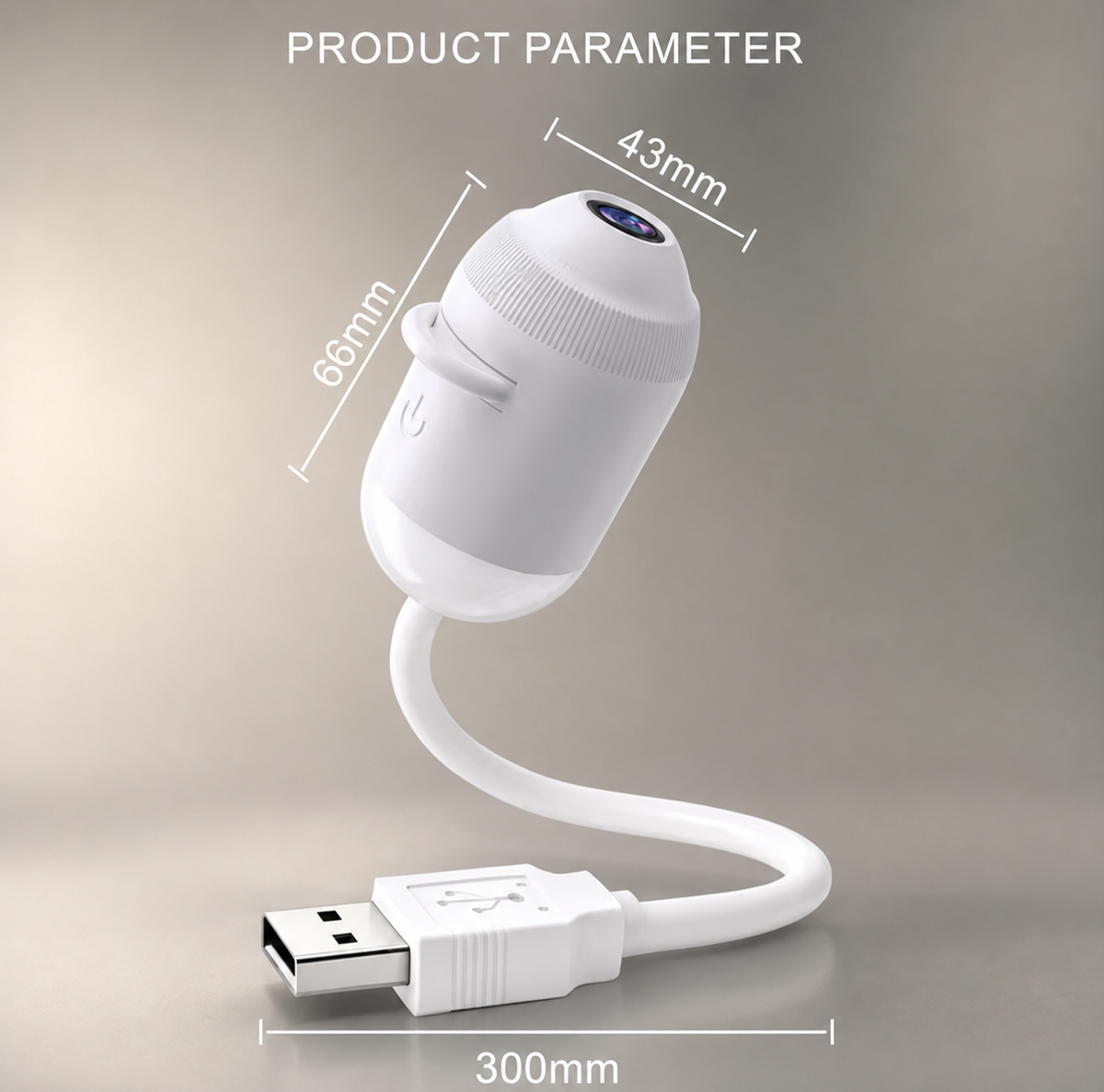 Product parameter diagram of the white galaxy projector night light: capsule body about 66 mm long and 43 mm across the lens head, with a visible focus ring and touch power icon, on a flexible 300 mm gooseneck ending in a USB-A plug.