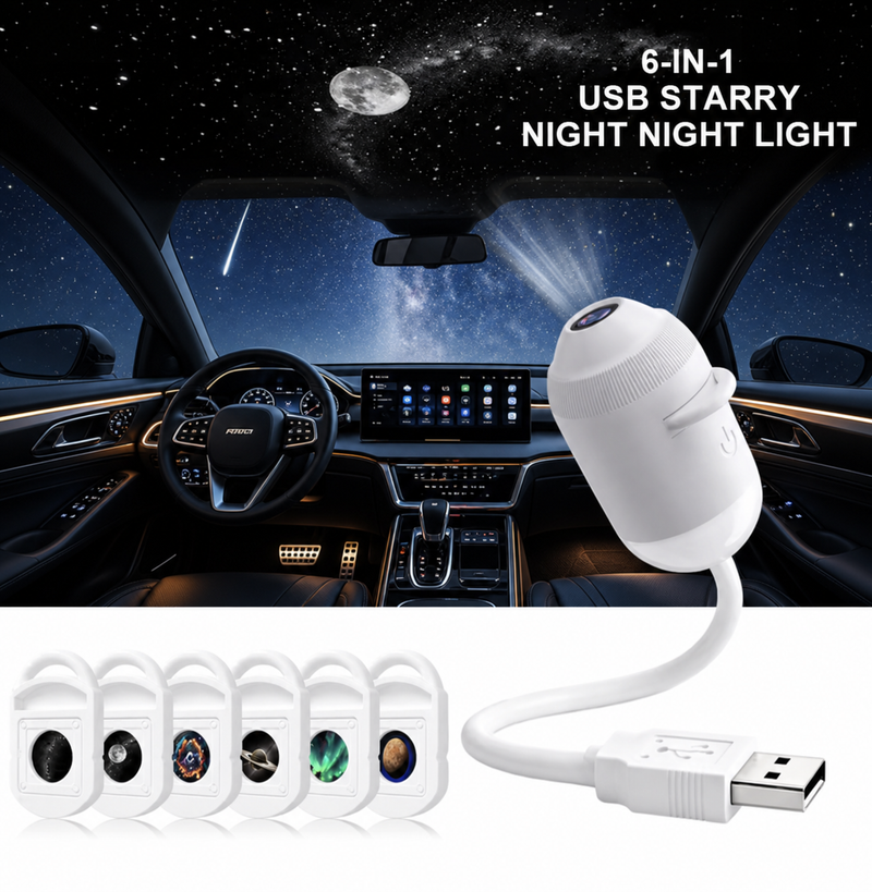 White galaxy projector on its flexible gooseneck projecting a starry sky with a full moon and shooting star across a car's interior at night, shown with the six interchangeable projection discs and the USB-A plug; baked-in supplier text reads '6-IN-1 USB STARRY NIGHT NIGHT LIGHT'.