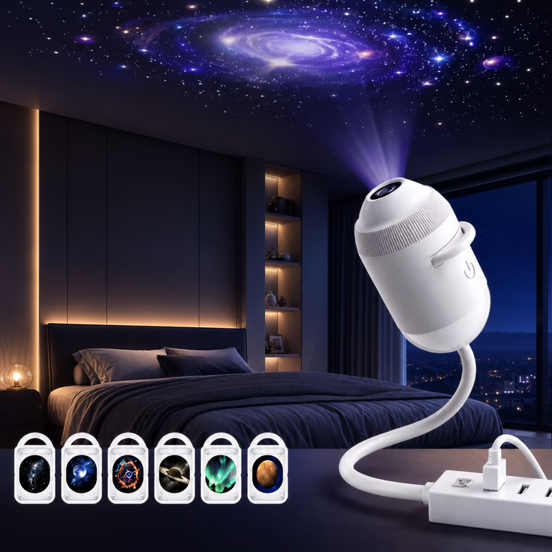 A white portable galaxy projector lamp shown in a modern bedroom setting, casting a colorful starry sky and galaxy pattern onto the ceiling. The main lamp is white with a flexible neck and power cord, and six smaller star projection icons are displayed along the bottom left.