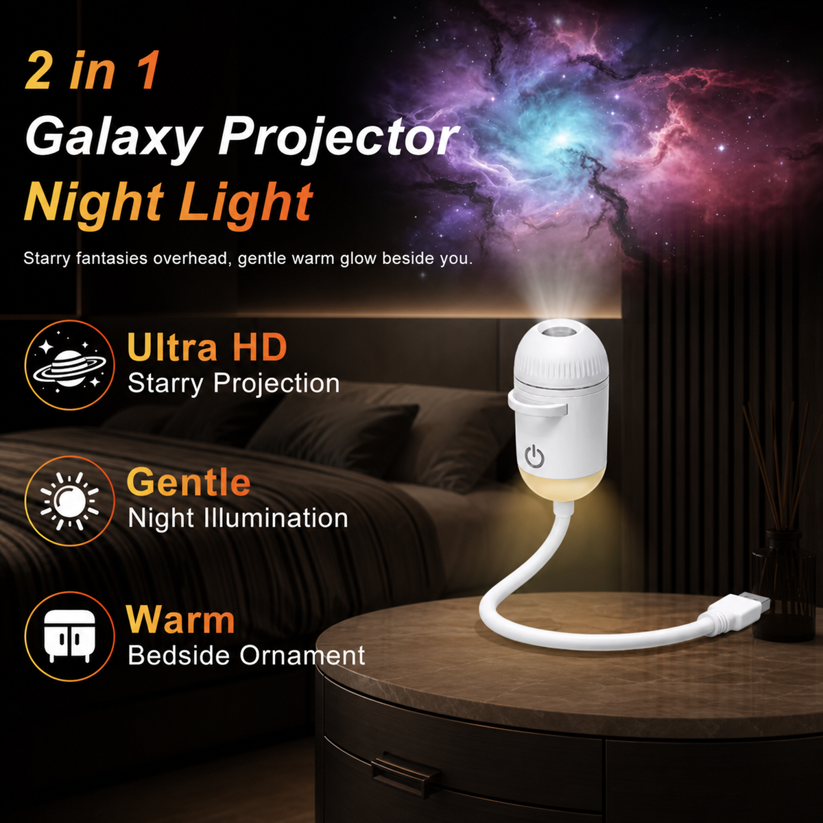 White 2-in-1 galaxy projector night light standing on a round marble bedside table, its lower dome glowing warm while a purple-and-pink nebula is projected overhead; overlay text reads '2 in 1 Galaxy Projector Night Light' with icons for starry projection, gentle night illumination and warm bedside light.