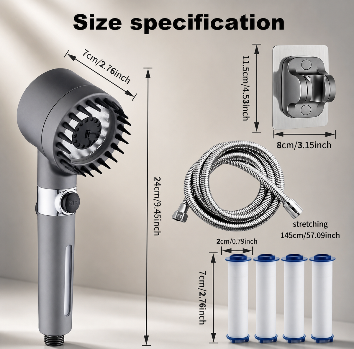 Size specification diagram for a shower head set, showing the handheld shower head with dimensions, a flexible hose, a wall mount, four filter cartridges, and text labels for measurements on a beige background.