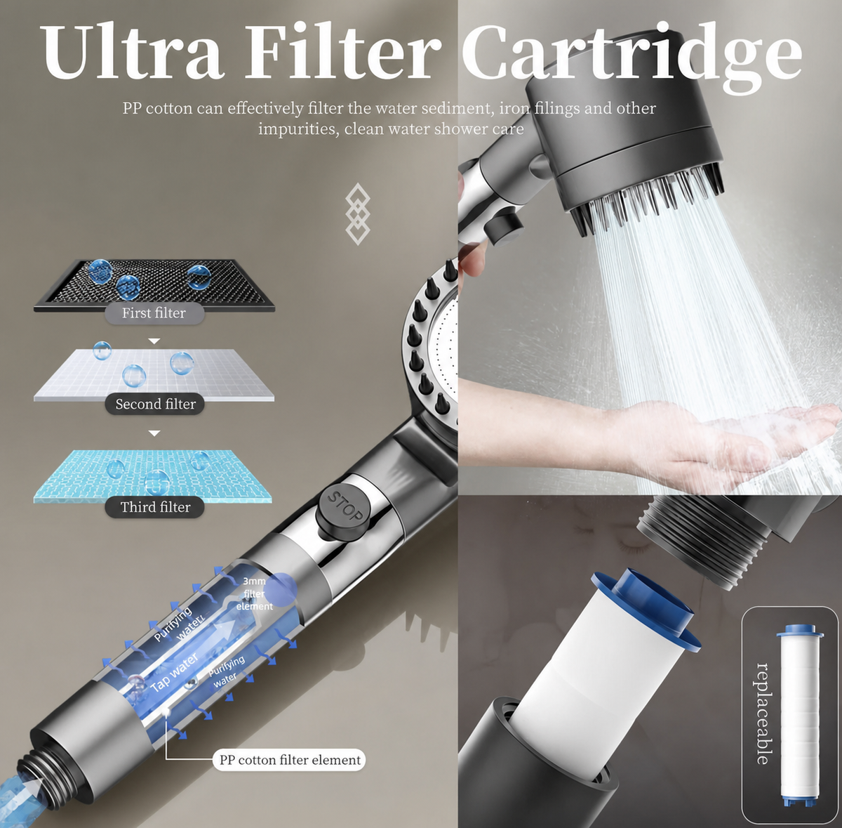 Ultra Filter Cartridge for a handheld shower head, featuring a close-up of a silver and black shower head with a transparent water stream, a diagram showing three filter layers, a hand holding the shower head, and a replacement filter cartridge.