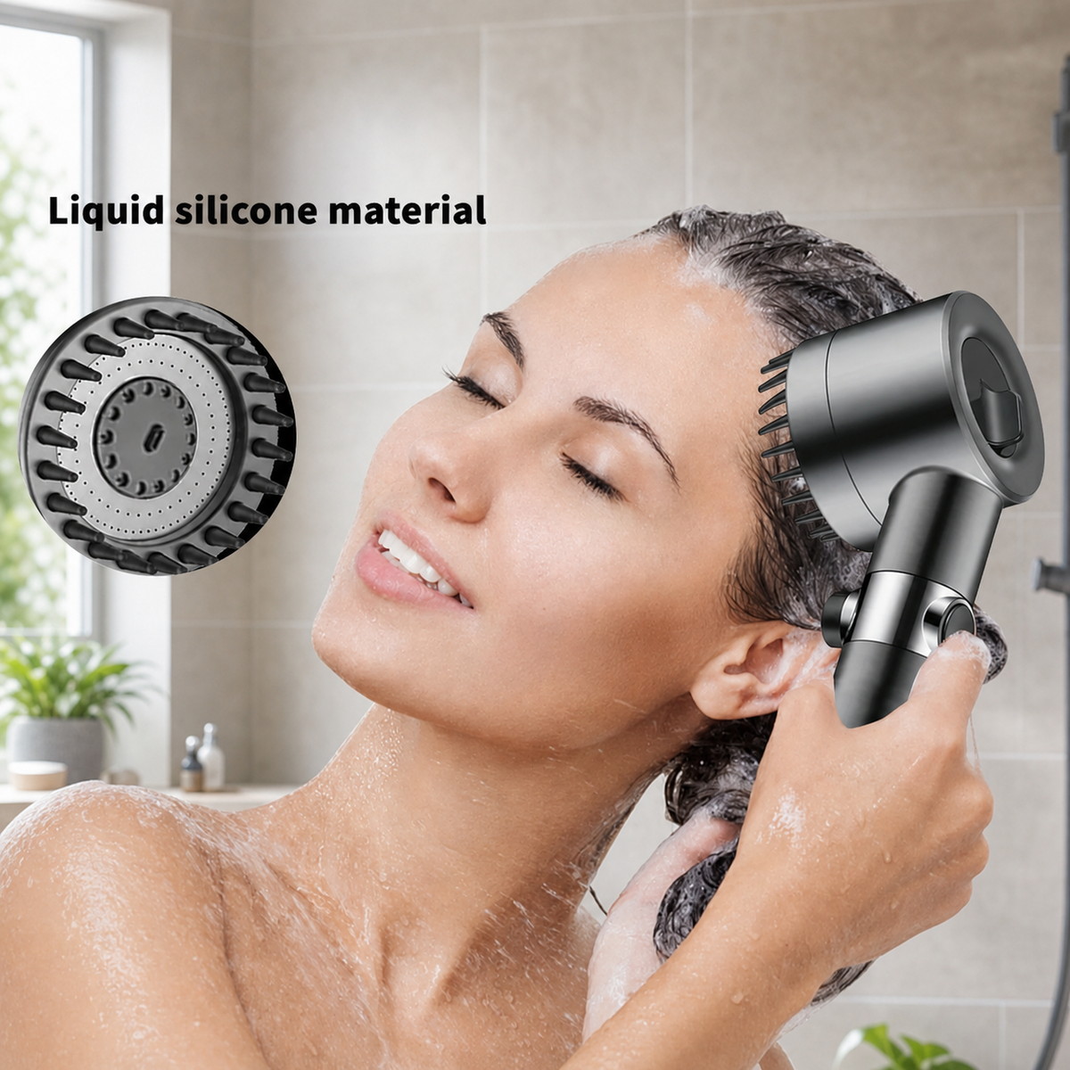 A woman in a bathroom is washing her hair while using a matte black hair dryer attachment with liquid silicone material. A circular inset shows the liquid silicone nozzle detail, and text reads 'Liquid silicone material'.