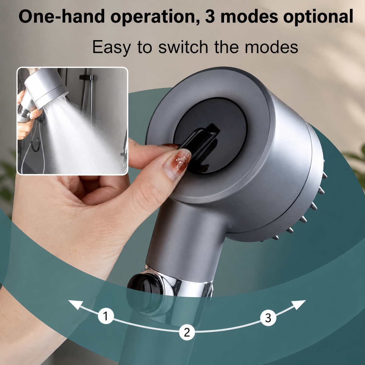 A close-up of a handheld shower head being operated by a hand, with text reading 'One-hand operation, 3 modes optional' and arrows showing three directional modes. A small inset shows the shower head spraying water.