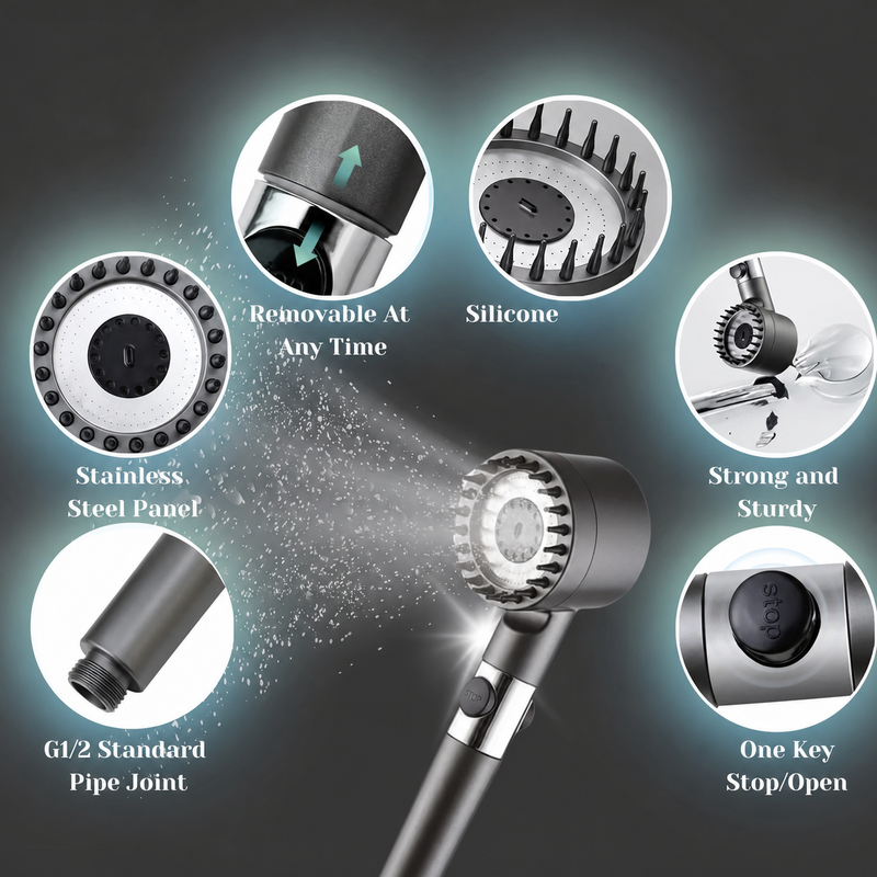 A handheld shower head shown with six circular callout insets highlighting features such as removable silicone nozzles, stainless steel panel, one-key stop/open, and standard pipe joint, on a dark gradient background.
