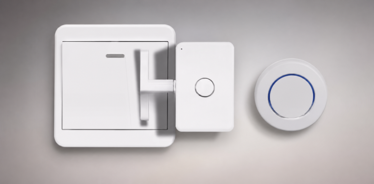 A minimalist white smart home control set featuring a square wall switch, a matching rectangular remote or sensor, and a round white button with a blue ring, shown against a neutral gray background.