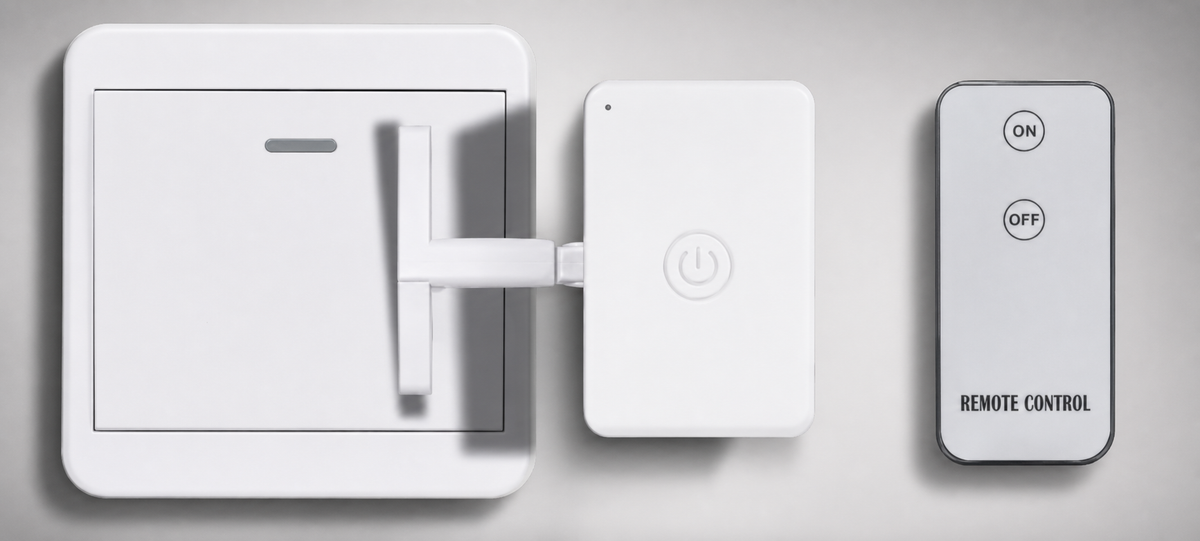 A smart light switch kit with a white wall plate, a central power relay module, and a slim black remote control on a light gray background.