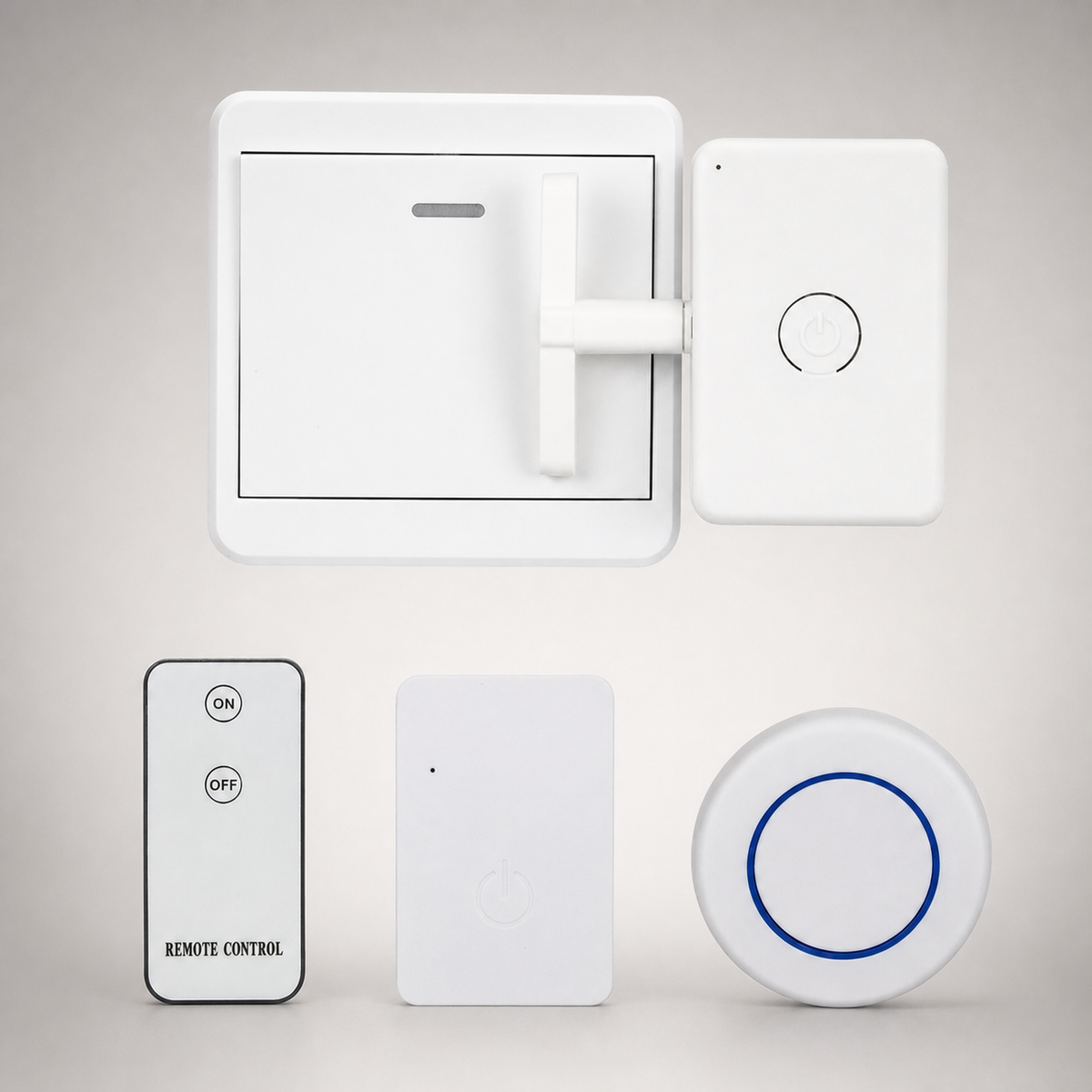 A smart home wireless control kit featuring a white smart switch, a matching smart lock, a remote control, a small white sensor, and a round white alarm receiver with a blue ring, all arranged on a light gray background.