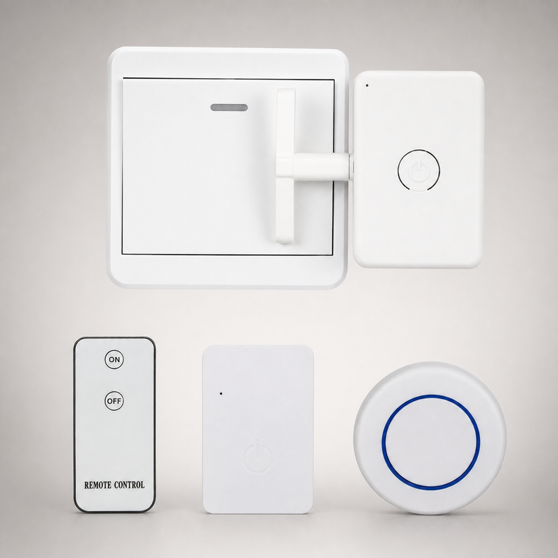 A smart home wireless control kit featuring a white smart switch, a matching smart lock, a remote control, a small white sensor, and a round white alarm receiver with a blue ring, all arranged on a light gray background.