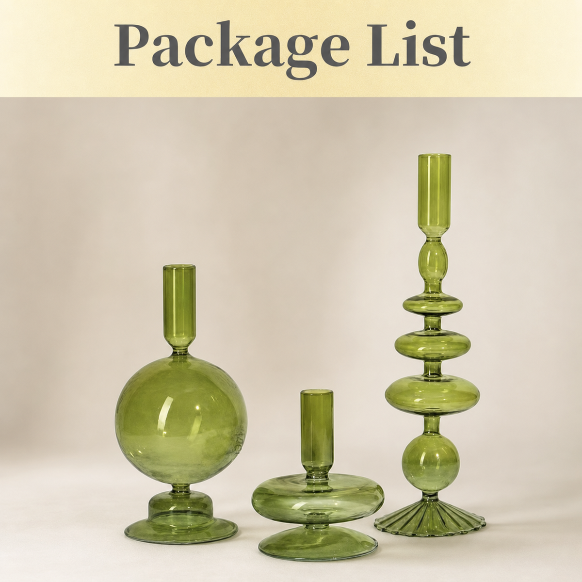 Three green glass candlestick holders or vases displayed on a neutral beige studio background, with a cream banner at the top reading 'Package List'.