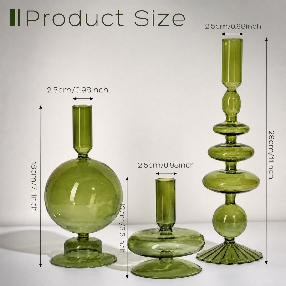 Three green glass candlestick holders with dimension labels showing height and width measurements on a light gray background under the heading 'Product Size'.
