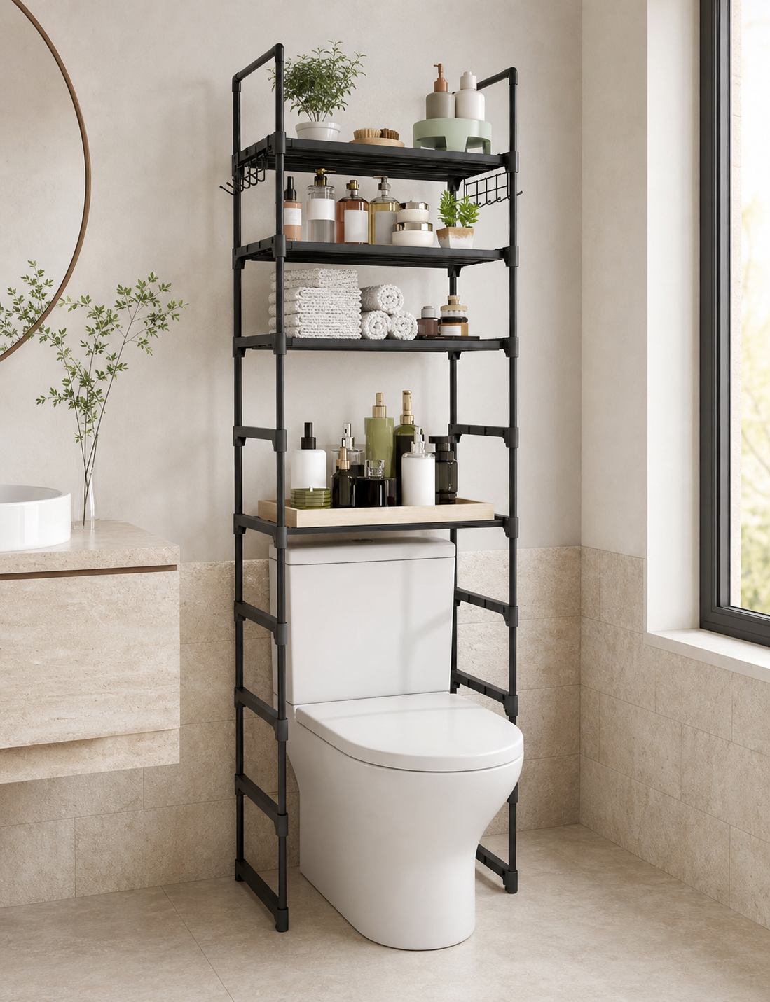 A black metal toilet storage shelf with five tiers stands over a white toilet in a modern bathroom setting with beige walls and a window.