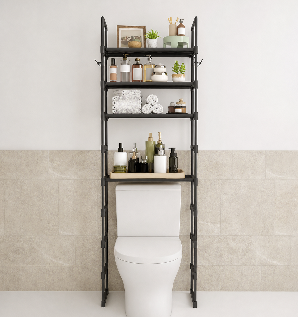 A black metal toilet shelf mounted over a white toilet in a bathroom, with decorative toiletries and plants arranged on the five shelves against a white and beige tiled wall.