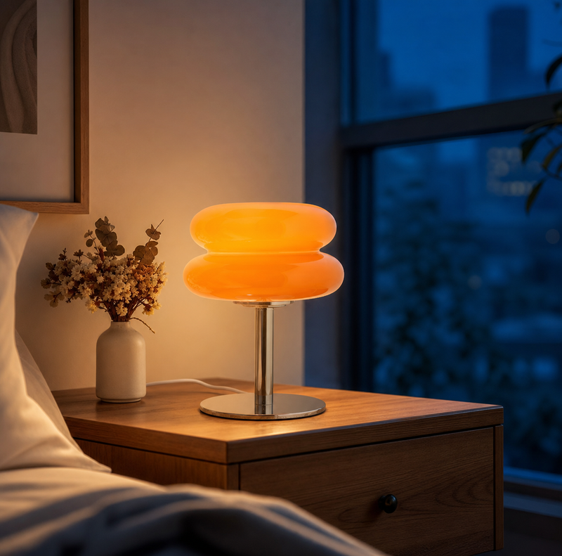 A modern two-tiered table lamp with a glowing orange shade and a polished silver metal base, styled on a wooden nightstand in a cozy bedroom setting.