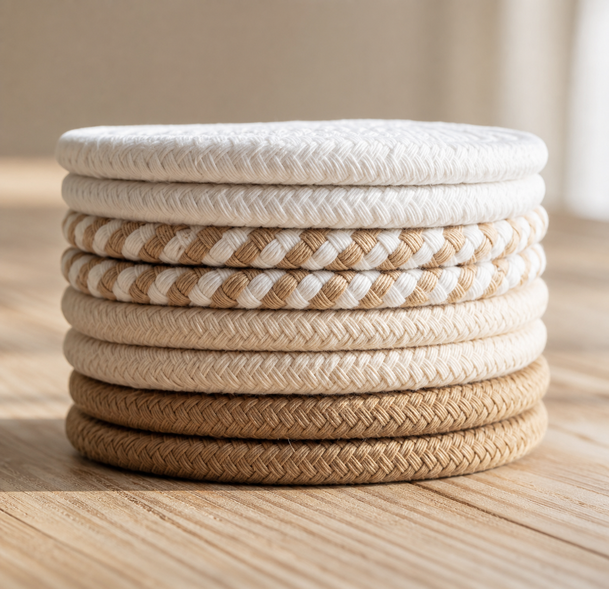 A stack of round braided rope coasters in cream, tan, and beige tones, arranged vertically on a light wood surface.