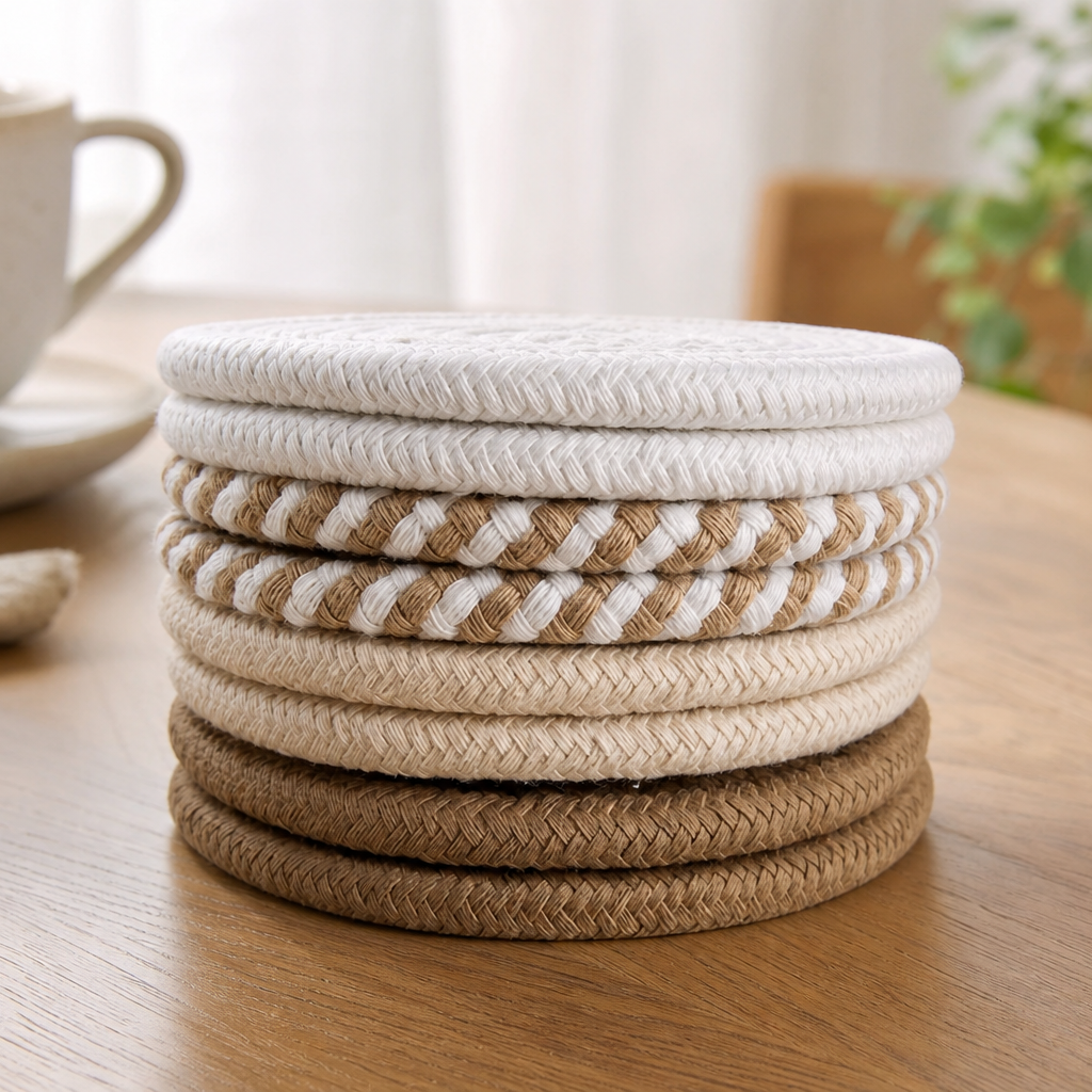 A stack of round braided rope coasters in cream, tan, and brown tones, displayed on a wooden table with a blurred coffee cup and plant in the background.