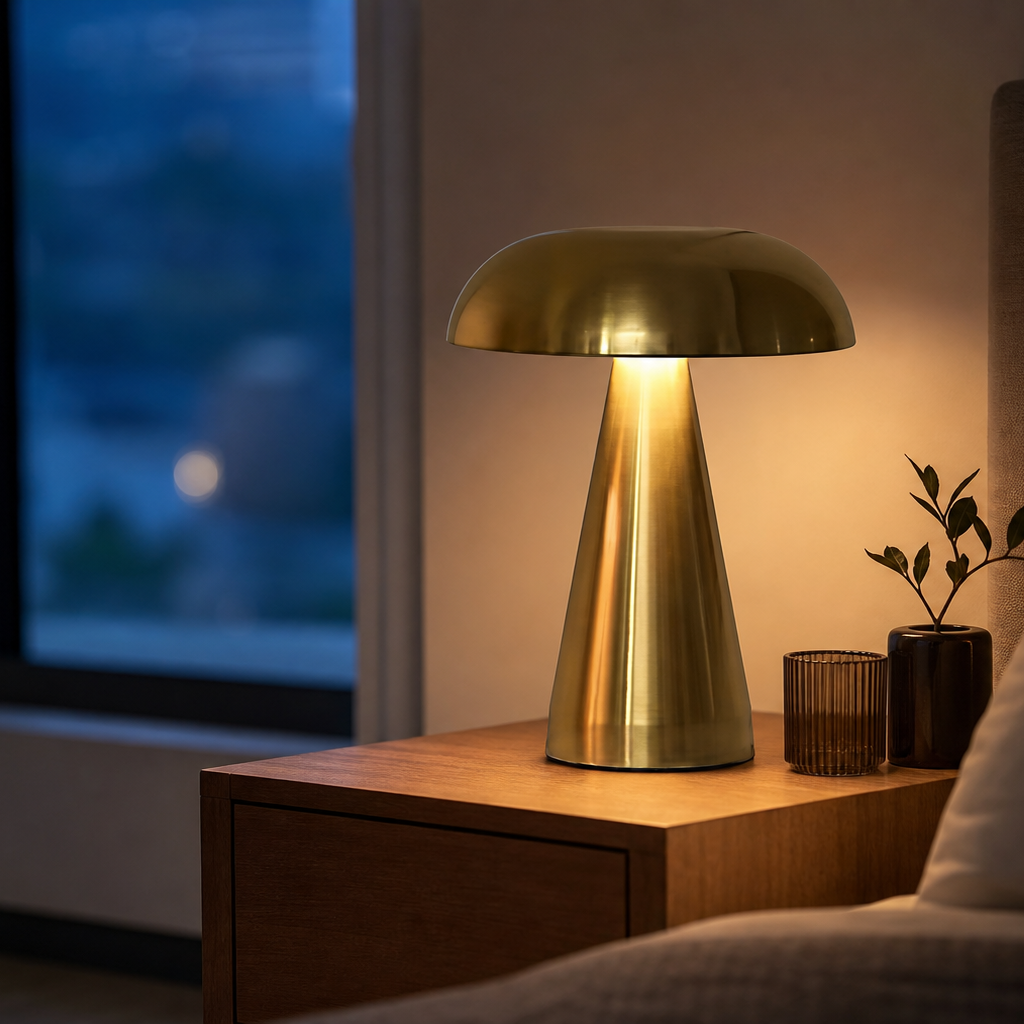 A modern mushroom-shaped table lamp with a brushed brass finish, glowing with warm light on a wooden nightstand in a bedroom setting.