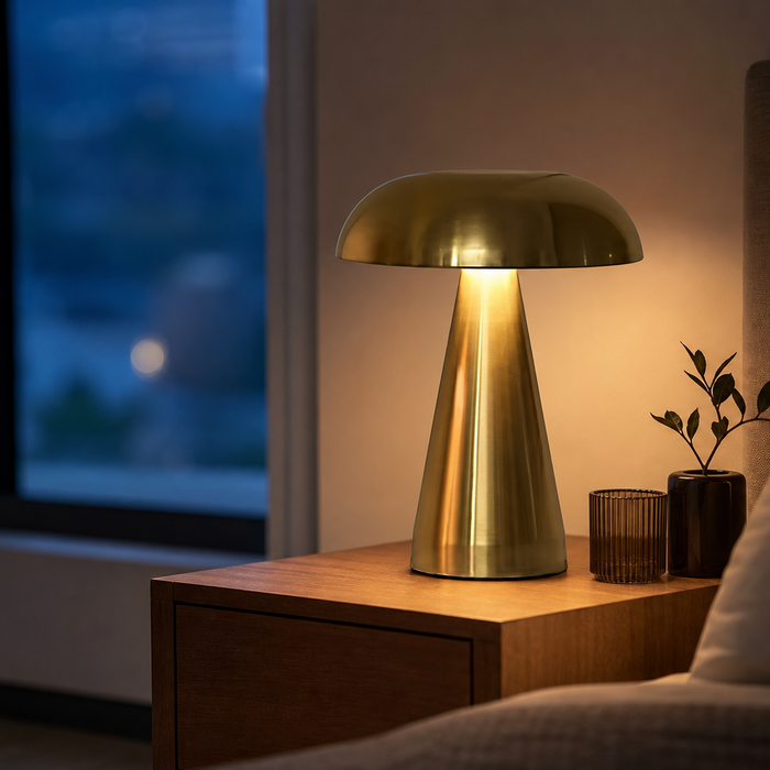 A modern mushroom-shaped table lamp with a brushed brass finish, glowing with warm light on a wooden nightstand in a bedroom setting.