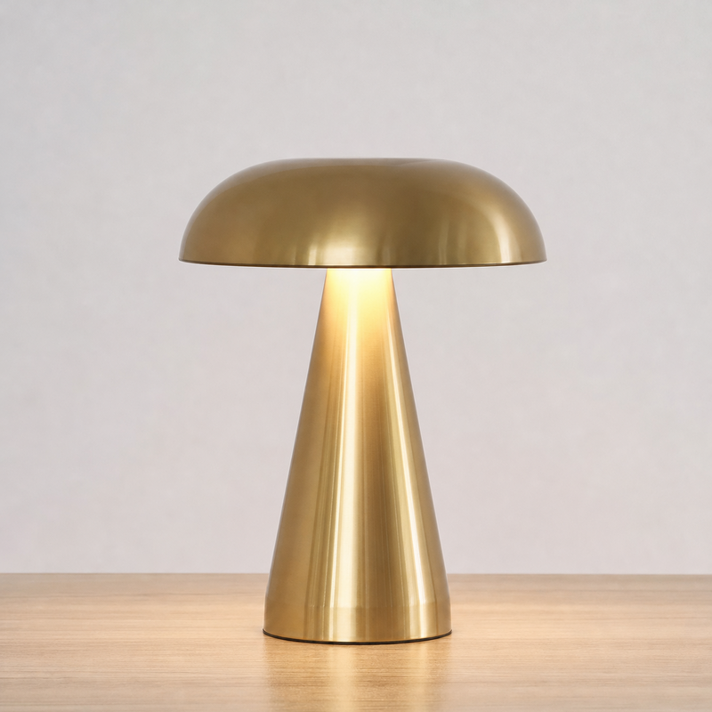 A modern mushroom-shaped table lamp with a brushed brass finish, illuminated from within, sitting on a light wood surface against a neutral light gray background.