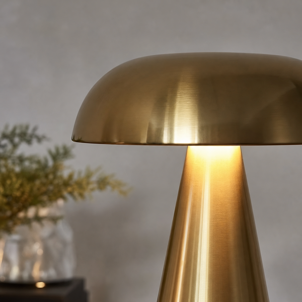 Gold mushroom lamp, close-up of the glowing shade